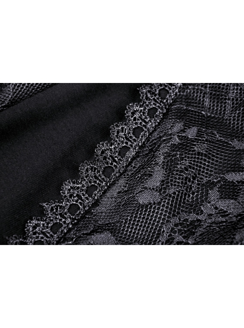 Gothic Embroidered Lace Trim Mesh Large Neckline And Cuffs Cross-Tie Rope Design Top