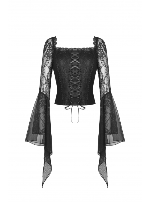 Gothic Embroidered Lace Trim Mesh Large Neckline And Cuffs Cross-Tie Rope Design Top