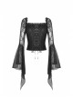 Gothic Embroidered Lace Trim Mesh Large Neckline And Cuffs Cross-Tie Rope Design Top