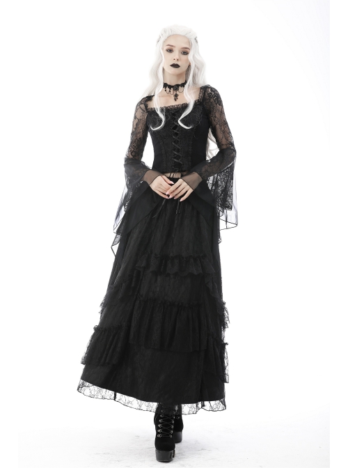 Gothic Embroidered Lace Trim Mesh Large Neckline And Cuffs Cross-Tie Rope Design Top