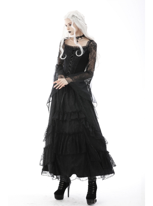 Gothic Embroidered Lace Trim Mesh Large Neckline And Cuffs Cross-Tie Rope Design Top
