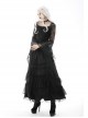 Gothic Embroidered Lace Trim Mesh Large Neckline And Cuffs Cross-Tie Rope Design Top