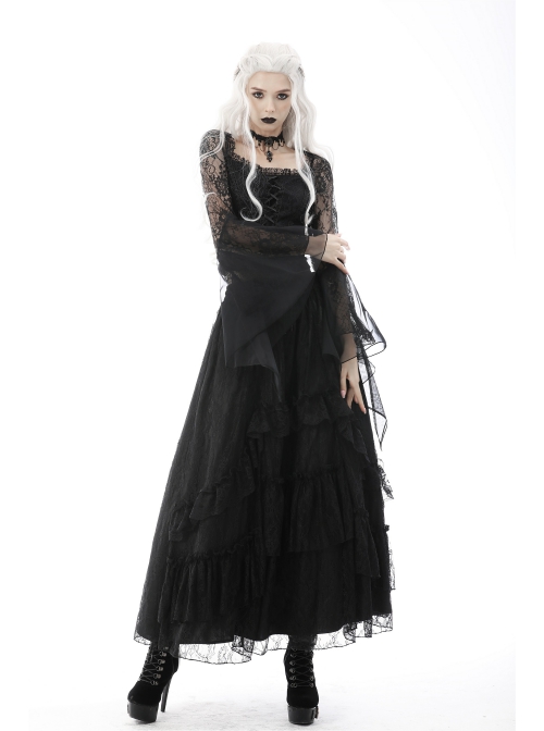 Gothic Embroidered Lace Trim Mesh Large Neckline And Cuffs Cross-Tie Rope Design Top
