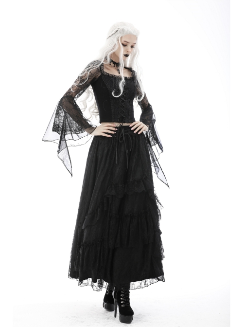 Gothic Embroidered Lace Trim Mesh Large Neckline And Cuffs Cross-Tie Rope Design Top