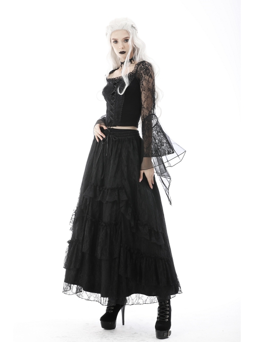 Gothic Embroidered Lace Trim Mesh Large Neckline And Cuffs Cross-Tie Rope Design Top