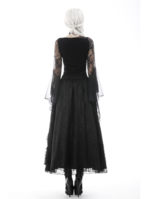 Gothic Embroidered Lace Trim Mesh Large Neckline And Cuffs Cross-Tie Rope Design Top