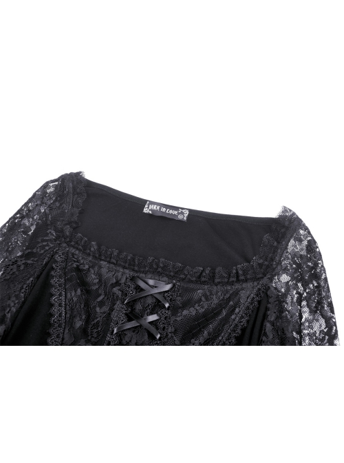 Gothic Embroidered Lace Trim Mesh Large Neckline And Cuffs Cross-Tie Rope Design Top