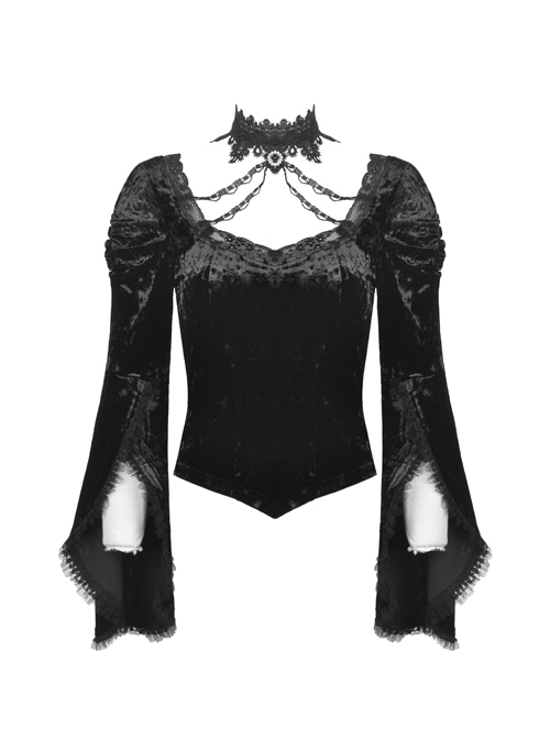 Velvet Embroidered Print Decoration Flared Sleeve Lace Tie Halter Neck Design Top