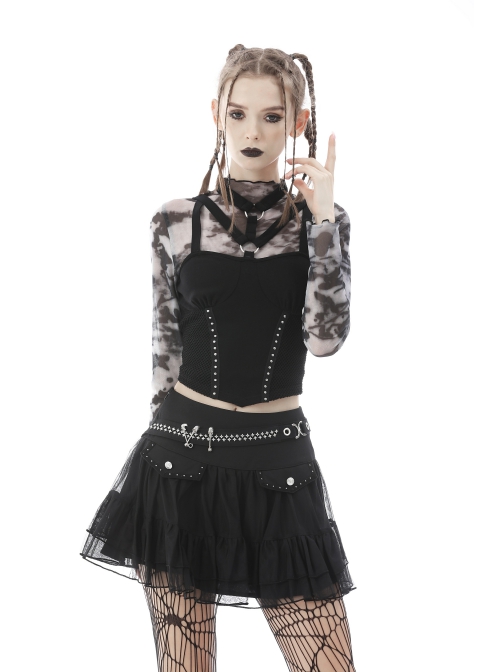 Punk Metal Buckle With Drawstring Trim Tight Halter Blouse