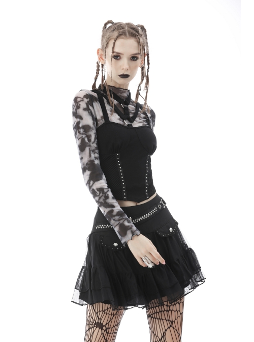 Punk Metal Buckle With Drawstring Trim Tight Halter Blouse