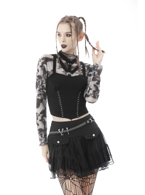 Punk Metal Buckle With Drawstring Trim Tight Halter Blouse