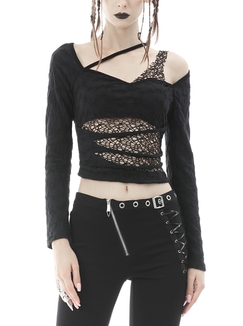 Punk Cutout Irregular Cut Design Tore The Sexy Mesh Long Sleeve Top