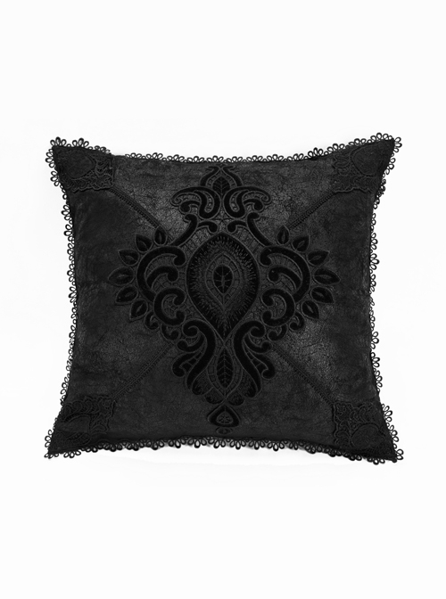 Black Faux Leather Floral Pattern Embroidery Decorative Pillow