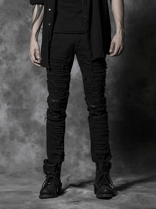 Gothic Men'S Distressed Metal Rivet Decoration Black Leggings