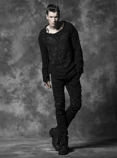 Gothic Men'S Distressed Metal Rivet Decoration Black Leggings