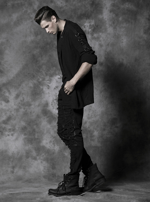 Gothic Men'S Distressed Metal Rivet Decoration Black Leggings