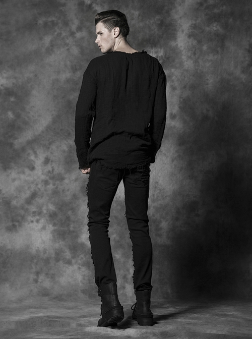 Gothic Men'S Distressed Metal Rivet Decoration Black Leggings