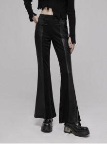Gothic Republican Style Side High Waist Buckle Design Stitched PU Leather Black Flared Pants