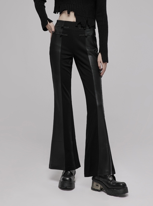Gothic Republican Style Side High Waist Buckle Design Stitched PU Leather Black Flared Pants