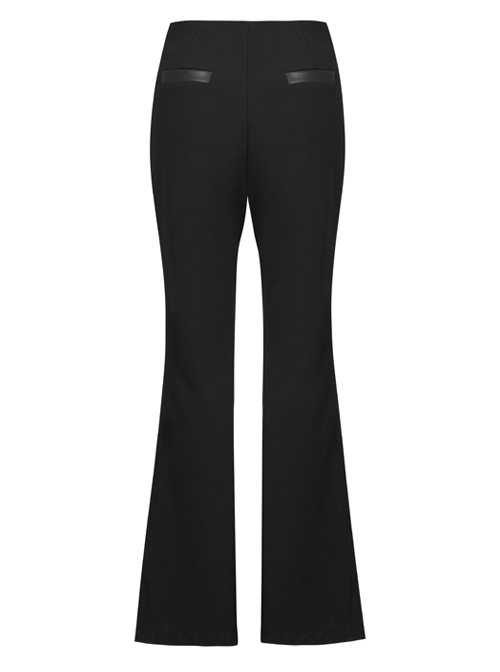 Gothic Republican Style Side High Waist Buckle Design Stitched PU Leather Black Flared Pants