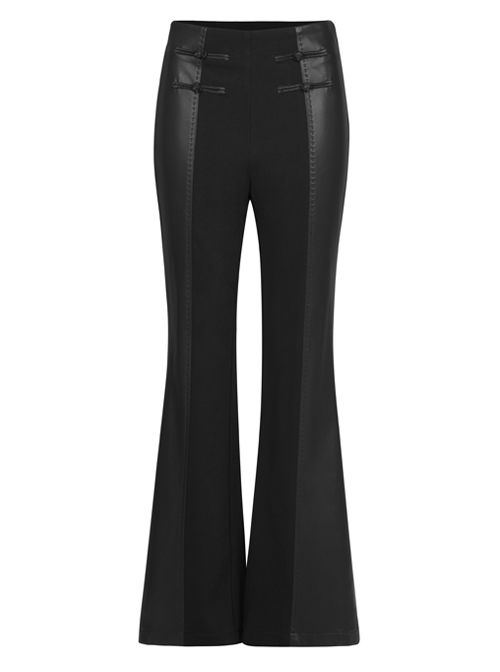 Gothic Republican Style Side High Waist Buckle Design Stitched PU Leather Black Flared Pants