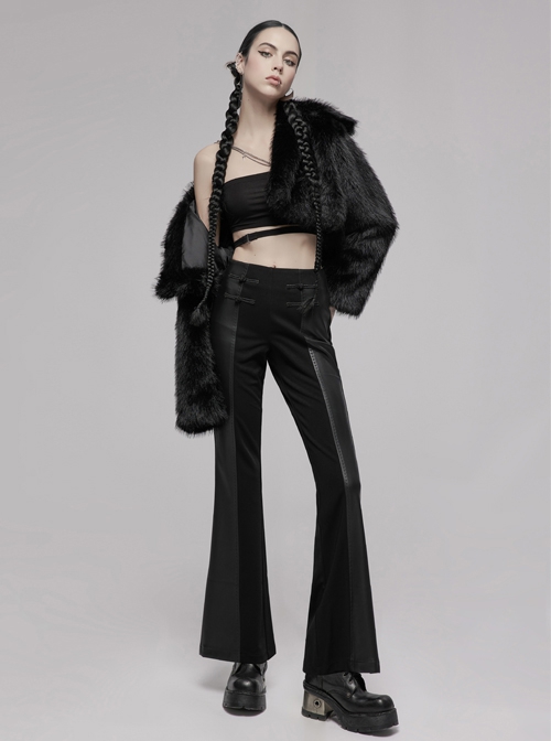 Gothic Republican Style Side High Waist Buckle Design Stitched PU Leather Black Flared Pants