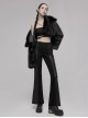 Gothic Republican Style Side High Waist Buckle Design Stitched PU Leather Black Flared Pants