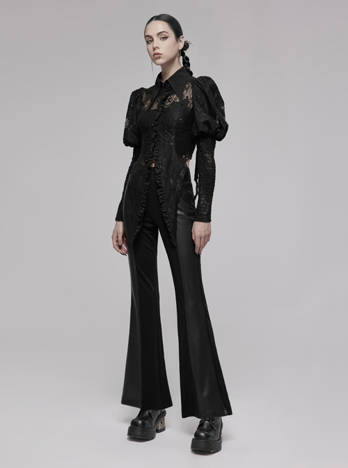 Gothic Republican Style Side High Waist Buckle Design Stitched PU Leather Black Flared Pants