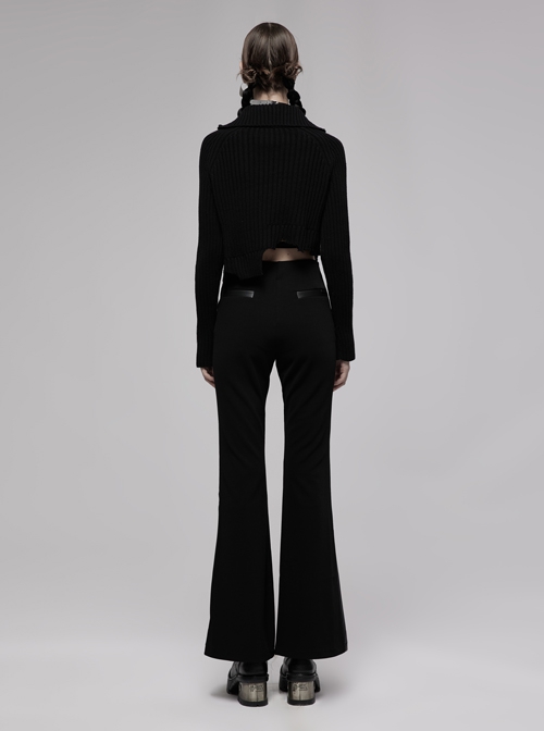 Gothic Republican Style Side High Waist Buckle Design Stitched PU Leather Black Flared Pants