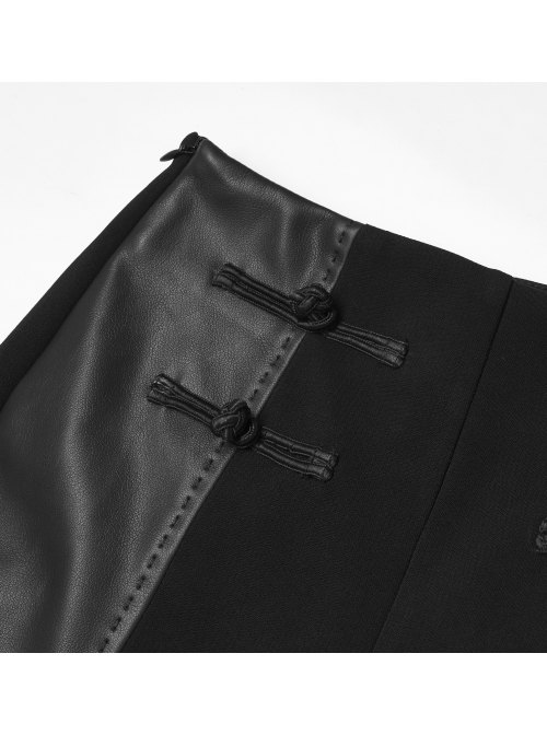 Gothic Republican Style Side High Waist Buckle Design Stitched PU Leather Black Flared Pants