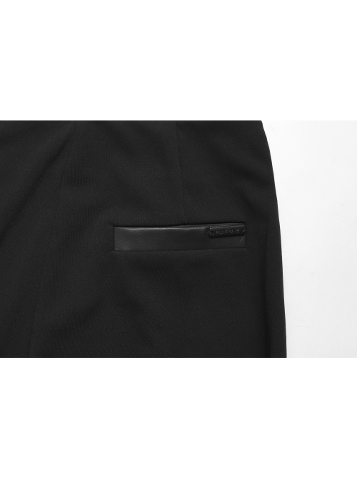 Gothic Republican Style Side High Waist Buckle Design Stitched PU Leather Black Flared Pants