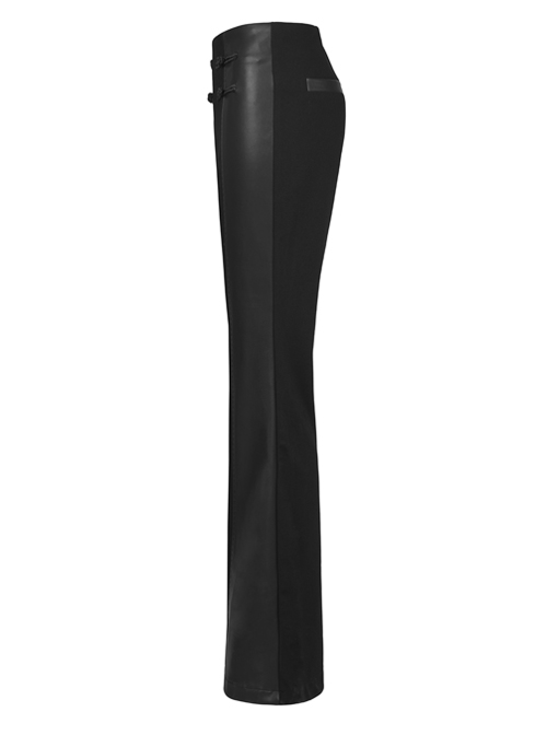 Gothic Republican Style Side High Waist Buckle Design Stitched PU Leather Black Flared Pants