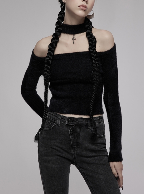 Black Knitted Tight Hollow-Carved Design Metal Cross Decoration Long Sleeve Top