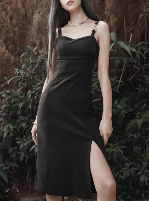 Stretch Fleece Knitted Asymmetrical Shoulder Strap Decorative Metal Ornaments Suspender Waist Dress