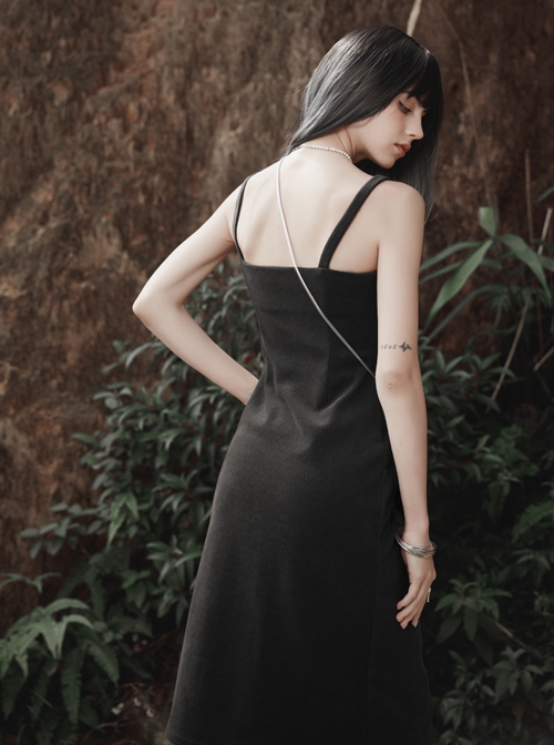 Stretch Fleece Knitted Asymmetrical Shoulder Strap Decorative Metal Ornaments Suspender Waist Dress