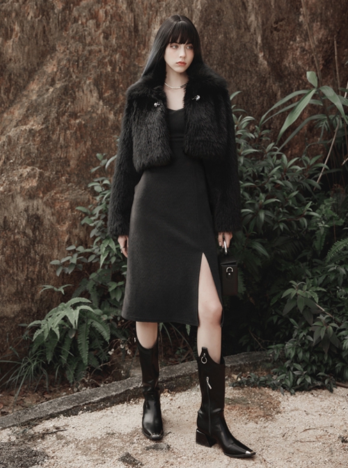 Stretch Fleece Knitted Asymmetrical Shoulder Strap Decorative Metal Ornaments Suspender Waist Dress