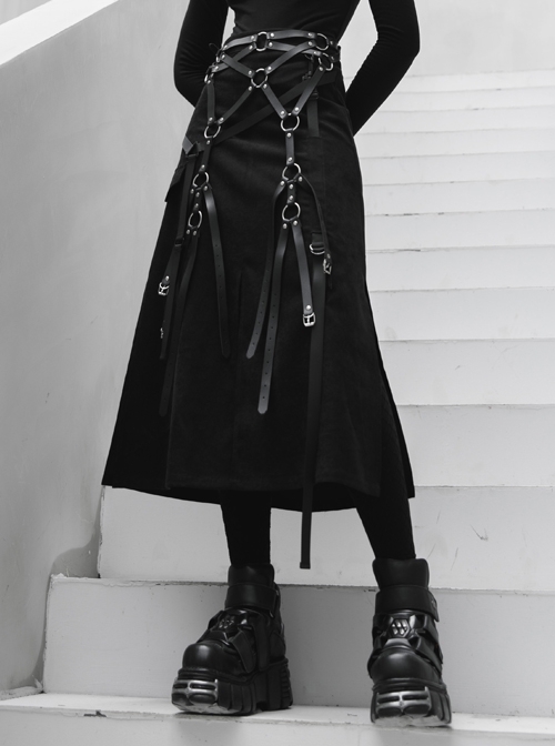 Punk Twill Woven Fabric Hem Webbing Slit Medium Skirts