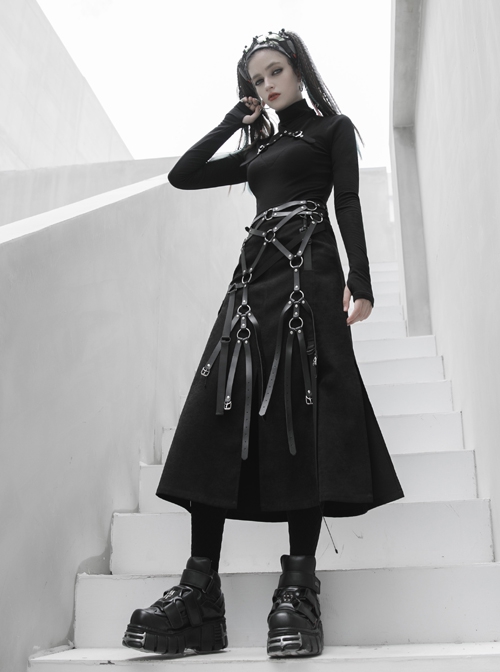 Punk Twill Woven Fabric Hem Webbing Slit Medium Skirts