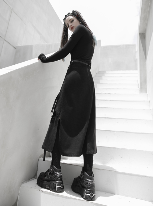 Punk Twill Woven Fabric Hem Webbing Slit Medium Skirts
