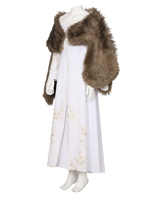 The Witcher Season 2 Princess Ciri Halloween Cosplay Costume White Dress And Brown Long Plush Shawl Set
