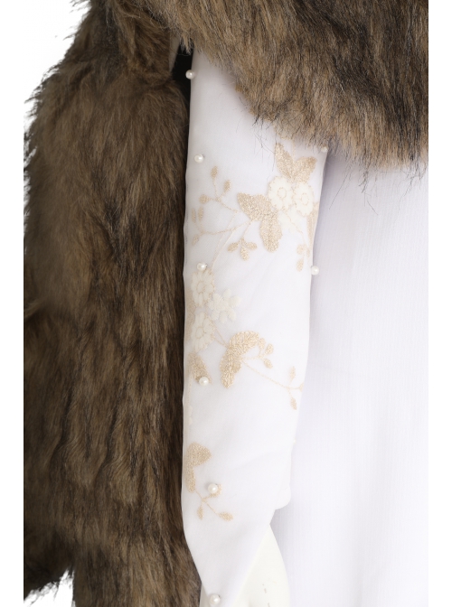 The Witcher Season 2 Princess Ciri Halloween Cosplay Costume White Dress And Brown Long Plush Shawl Set