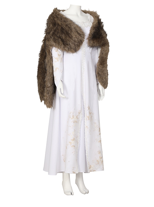 The Witcher Season 2 Princess Ciri Halloween Cosplay Costume White Dress And Brown Long Plush Shawl Set