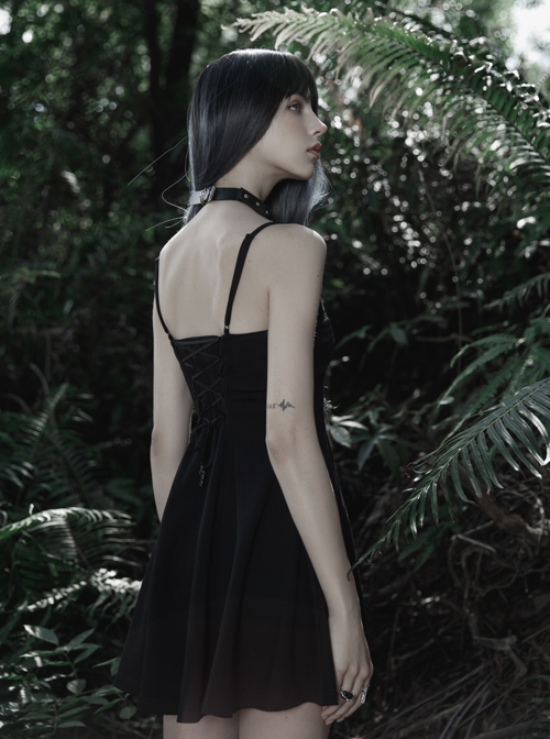 Gothic Dark Bat Fleece Embroidered Sun Suspender Dress