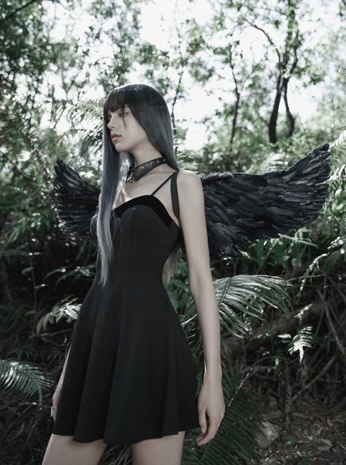 Gothic Dark Bat Fleece Embroidered Sun Suspender Dress