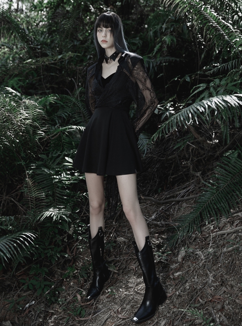 Gothic Dark Bat Fleece Embroidered Sun Suspender Dress