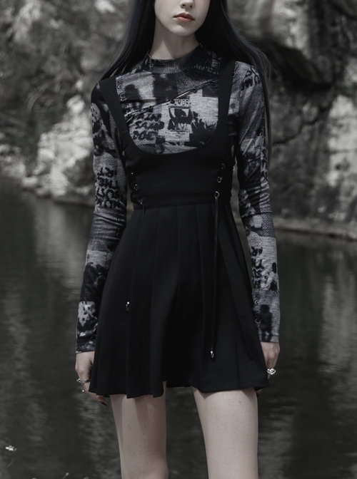 Dark Twill Drape Weave High Waist Cross Strap Decoration Pleated Slip Dress