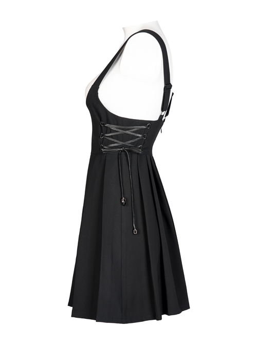 Dark Twill Drape Weave High Waist Cross Strap Decoration Pleated Slip Dress
