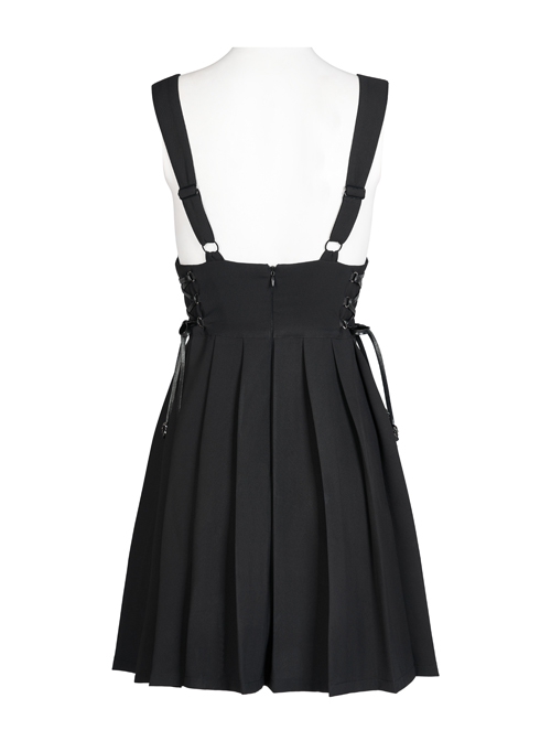 Dark Twill Drape Weave High Waist Cross Strap Decoration Pleated Slip Dress