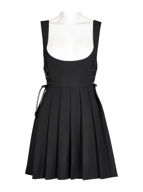 Dark Twill Drape Weave High Waist Cross Strap Decoration Pleated Slip Dress
