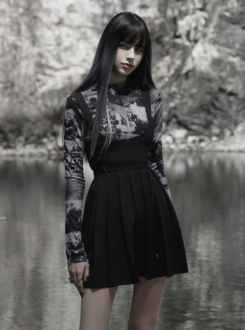 Dark Twill Drape Weave High Waist Cross Strap Decoration Pleated Slip Dress